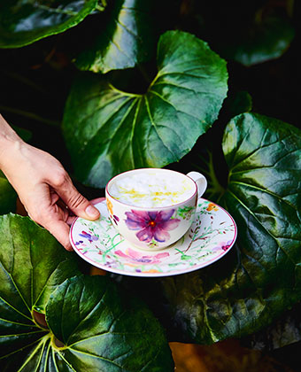 tea cup with leaves in background